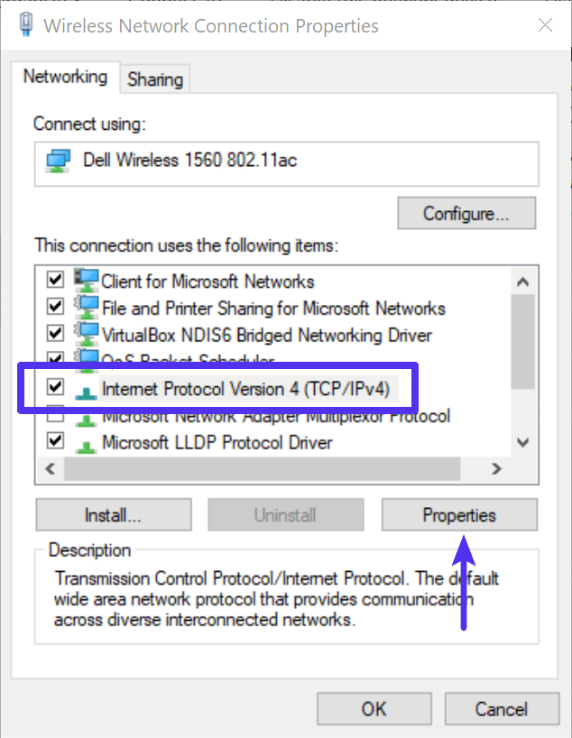Wireless network connection properties with 'Internet Protocol Version 4' highlighted