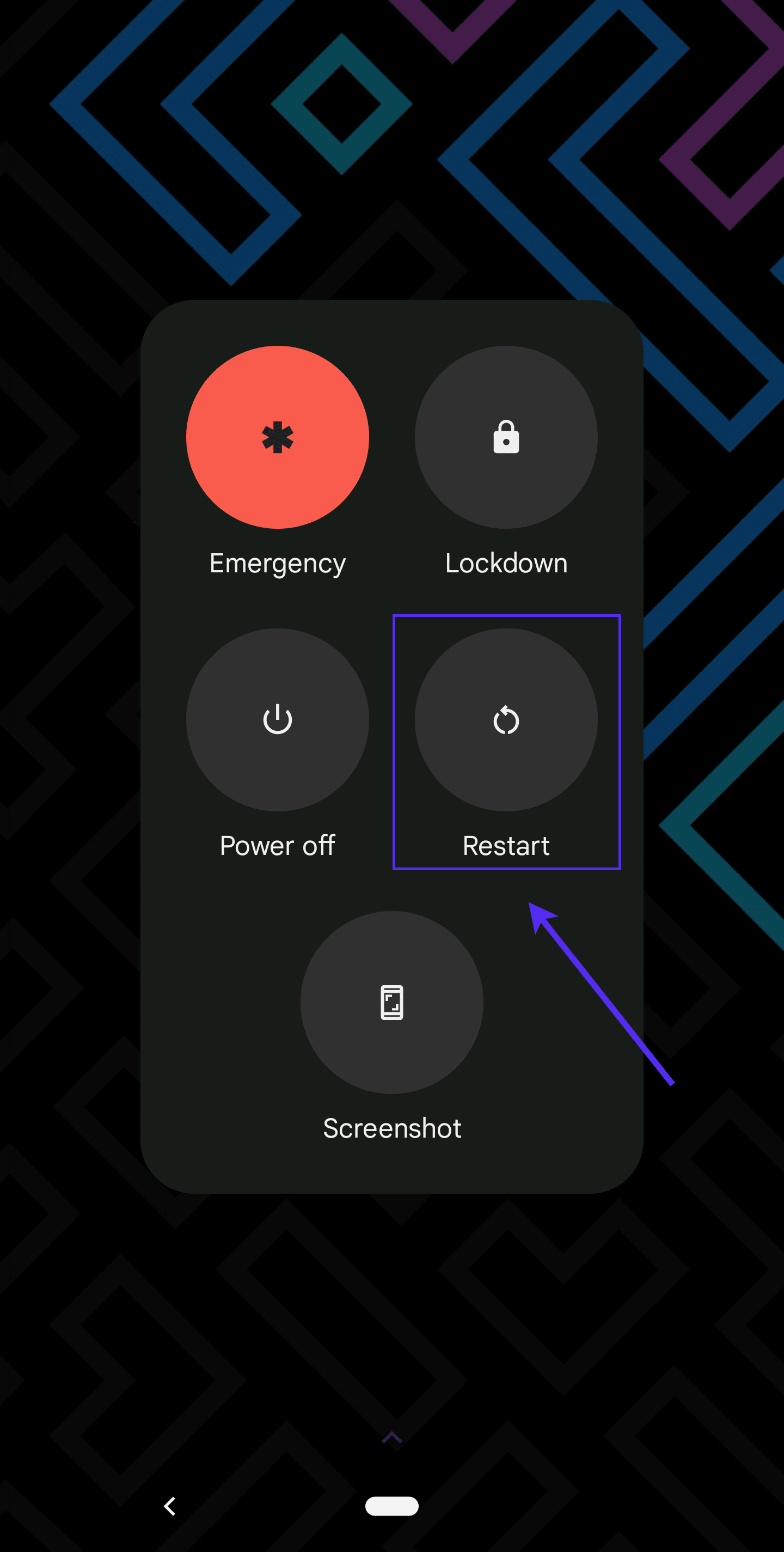 A screenshot of Android's power menu with an arrow pointing to the 