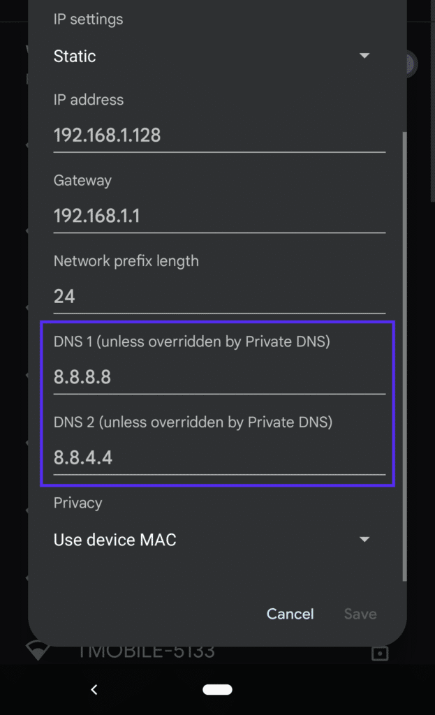 Configurações de DNS Wi-Fi do Android.