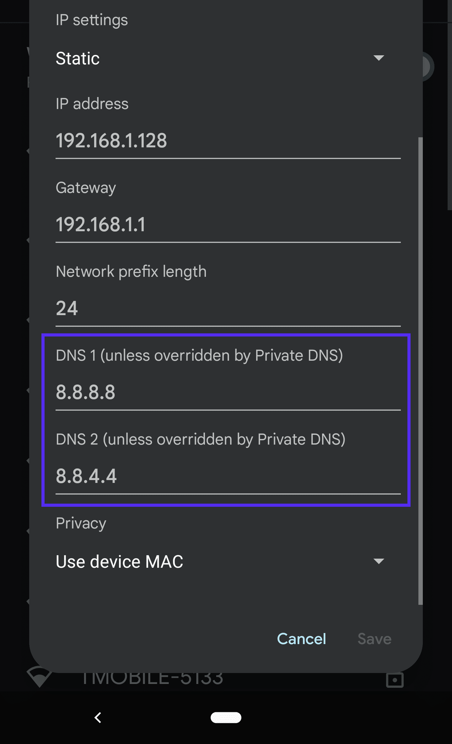 The Android Wi-Fi "Advanced" settings menu with a highlighting square around the DNS settings.