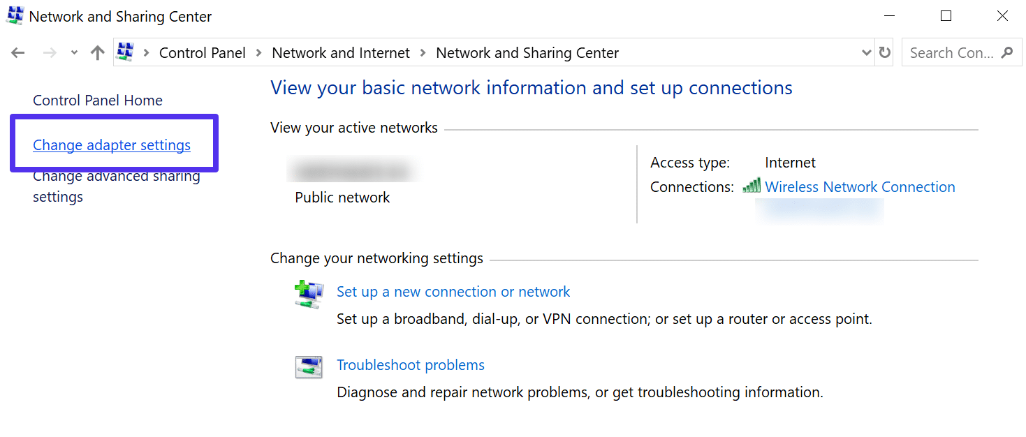 Network and Sharing Center in Change adapter settings sectie.