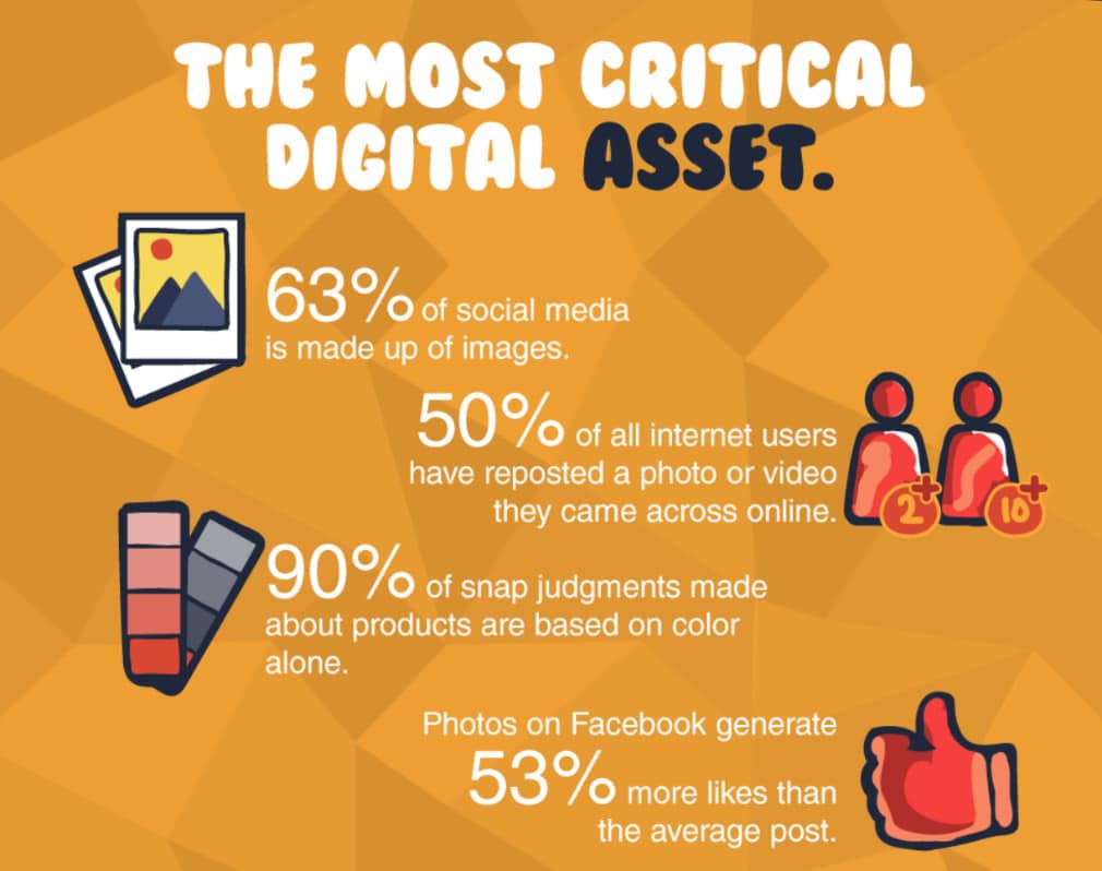 Il 63% dei social media è fatto di immagini; il 50% di tutti gli utenti internet hanno ripostato un’immagine o un video visto online; le foto su Facebook generano il 53% più like di un post senza immagine