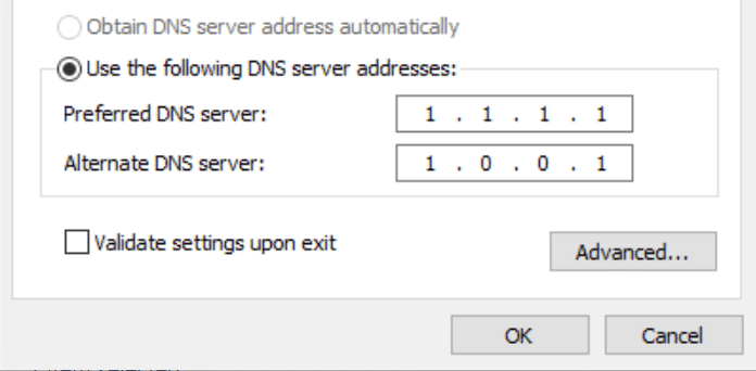 DNS-serveradresser med Foretrukken DNS-server indstillet til 1.1.1.1 og alternativ DNS-server indstillet til 1.0.0.1