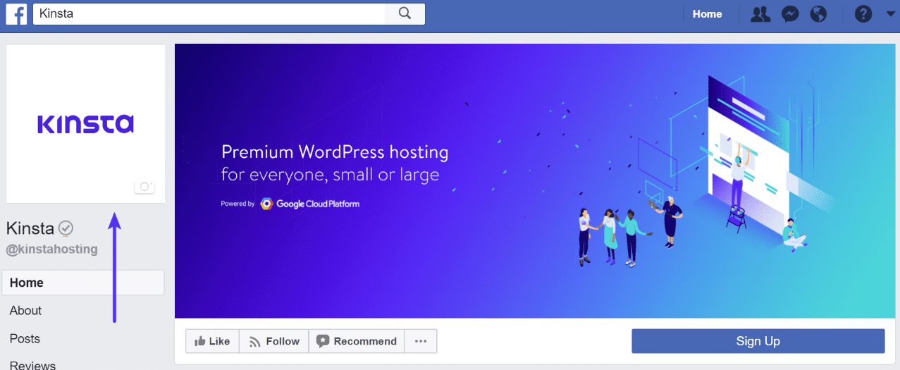 Schermata della parte superiore della pagina Facebook di Kinsta con il logo e un’illustrazione personalizzata: un gruppo di persone che parlano di fronte allo schermo di un computer