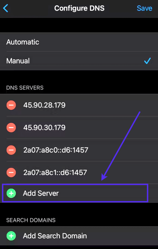 The iOS Wi-Fi DNS server settings menu with a highlighting box around the "Add Server" button.