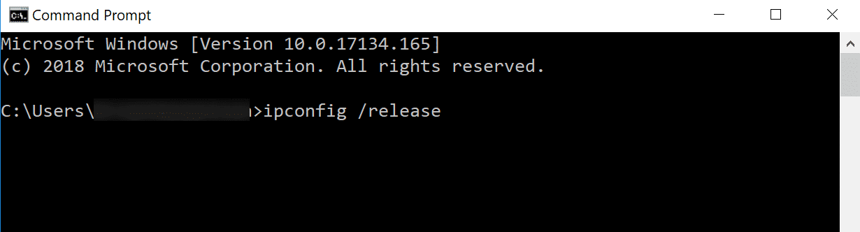 command prompt containing ipconfig /release