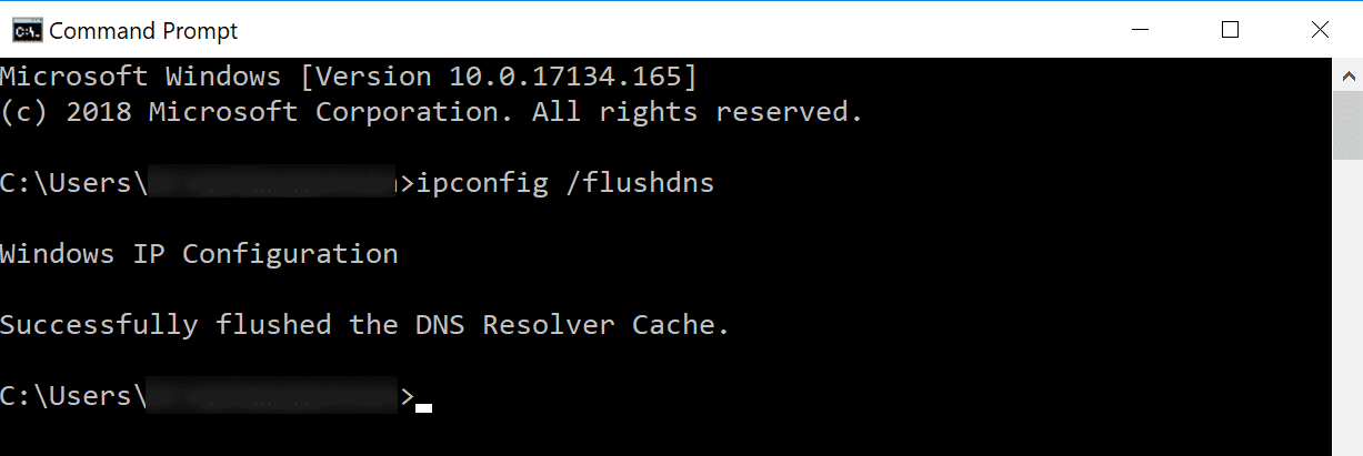 command prompt containing ipconfig /flushdns