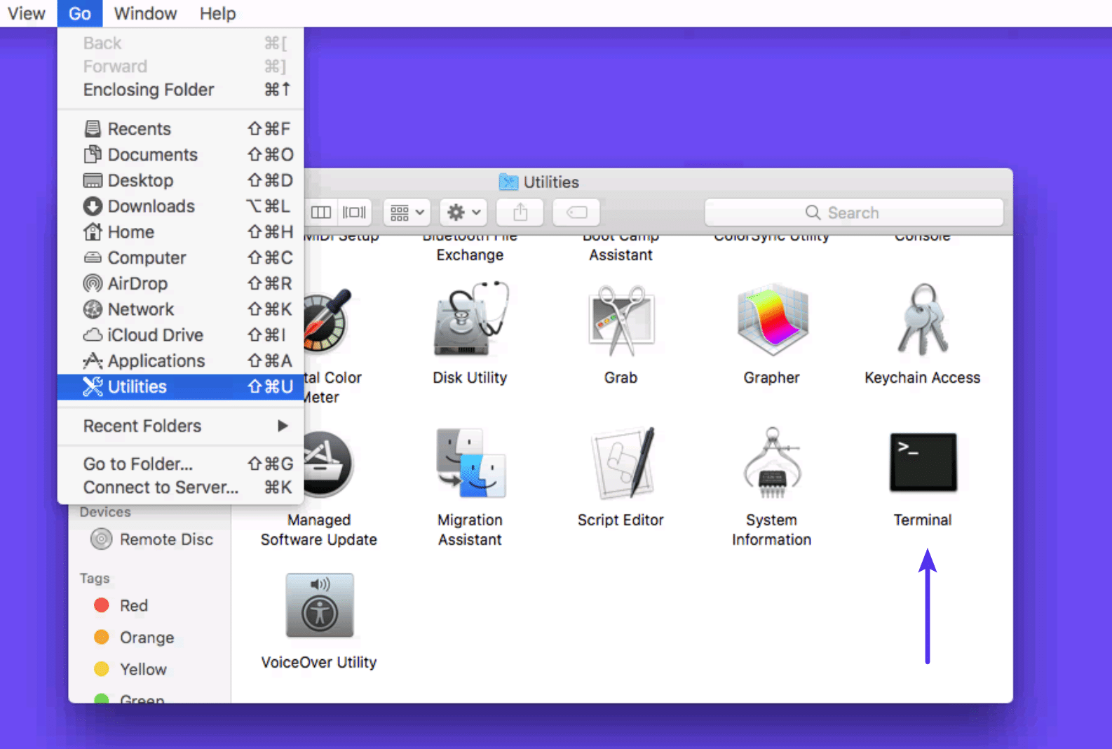 Mac terminal met Utilities menu gehighlight