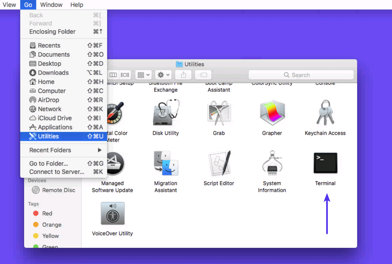 Mac terminal with utilities section selected