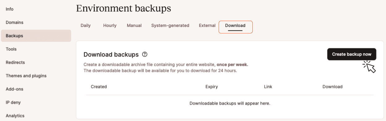 Screenshot showing the dialog for creating a downloadable backup in MyKinsta.