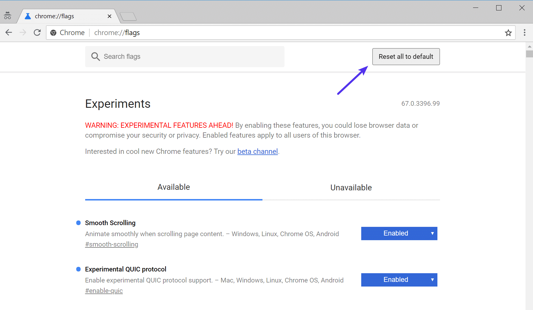 Reset all to default button in Chrome flags