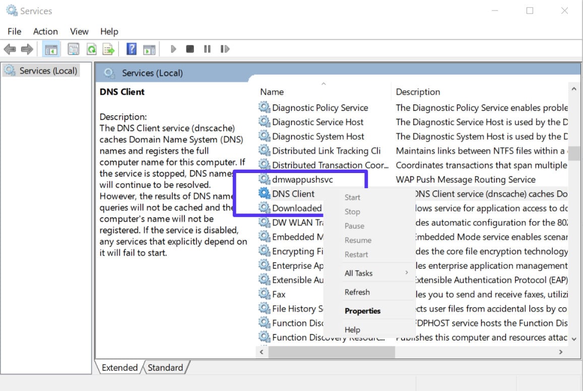 Opciones de servicios resaltadas para mostrar cómo Reiniciar el servicio cliente DNS en Windows