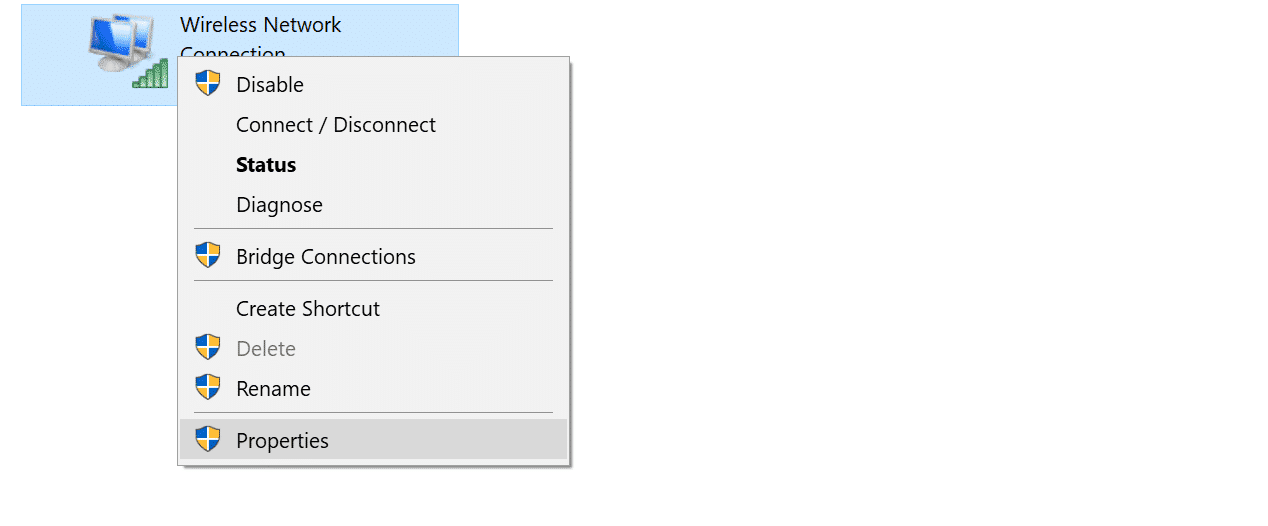 Wireless connection menu with properties selected