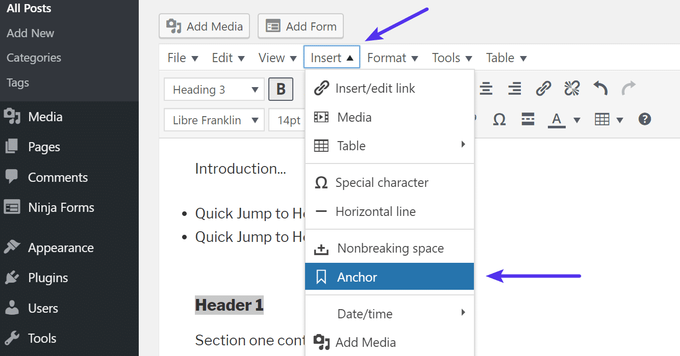 wordpress add anchor