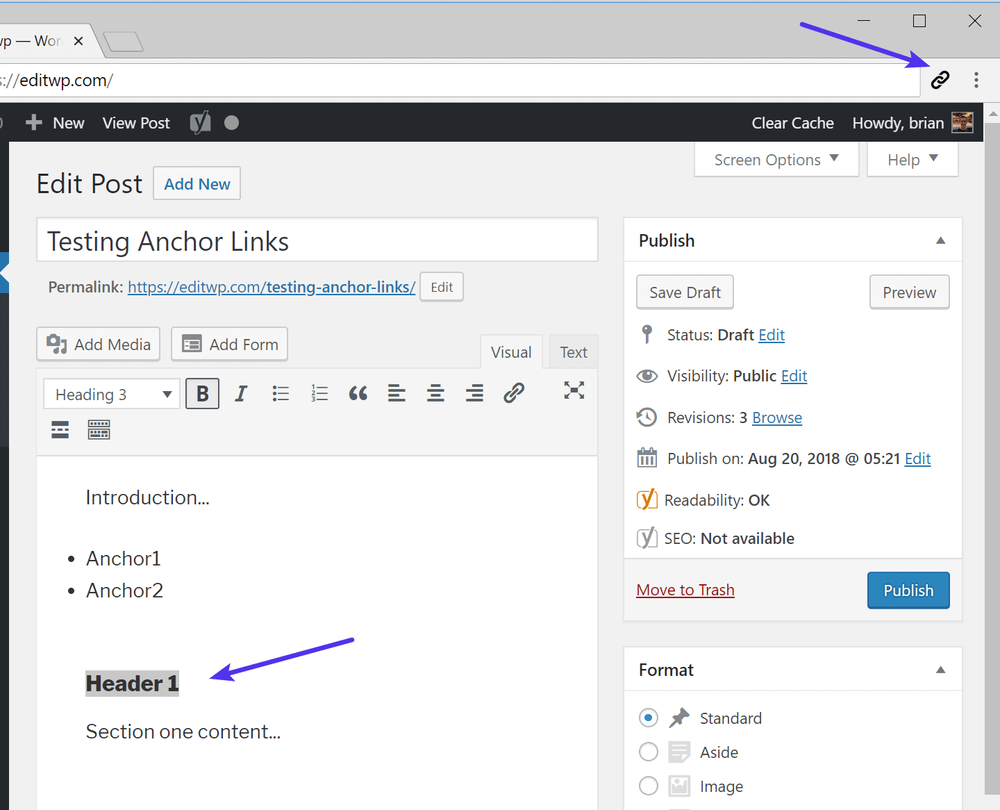 wordpress add anchor