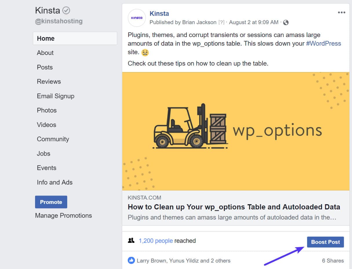 Schermata da un post Facebook di Kinsta con il pulsante Boost Post per metterlo in evidenza