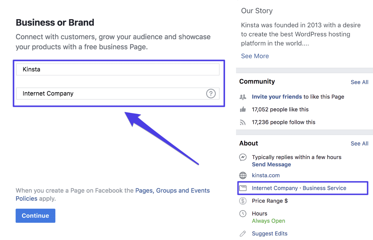 Schermata di Facebook per scegliere il tipo di attività, se business o brand