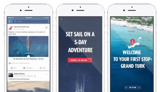 Tre esempi di annunci canva su Facebook per pubblicizzare viaggi e avventure in barca a vela