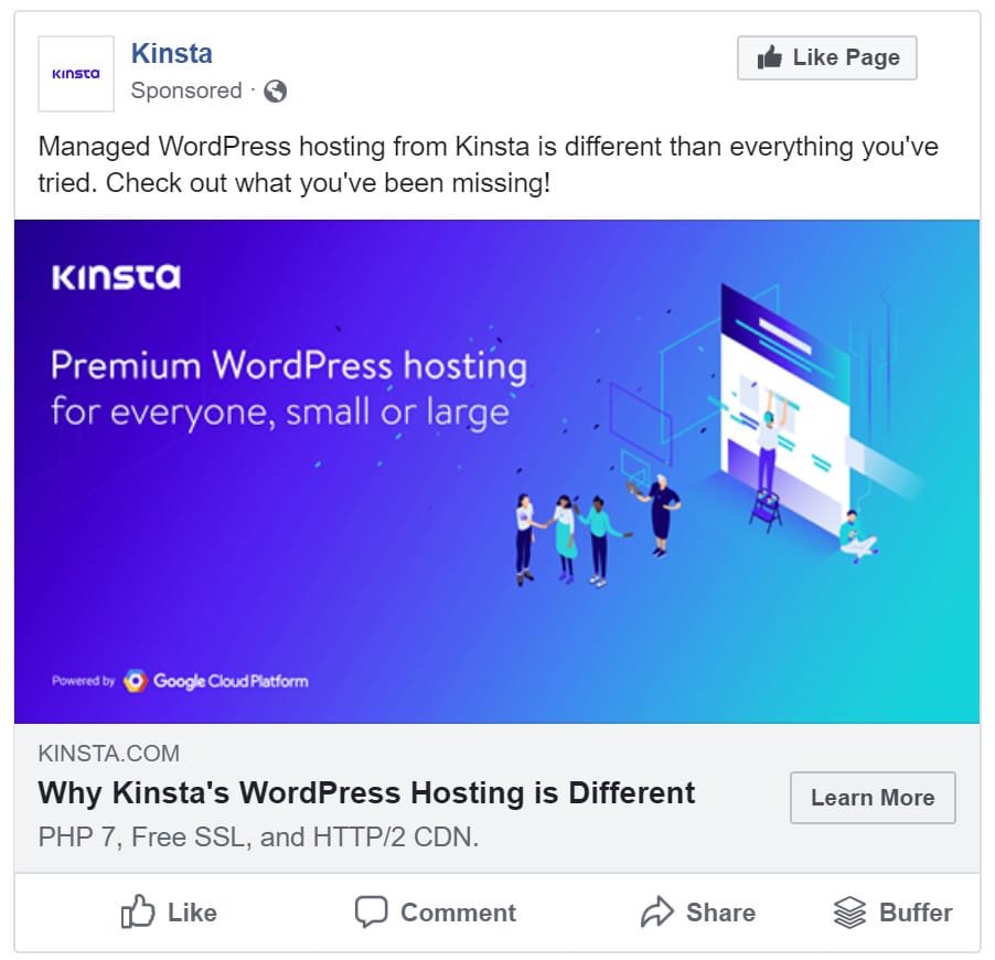 Schermata di un post sponsorizzato sulla pagina Facebook di Kinsta con un link che porta al sito web.
