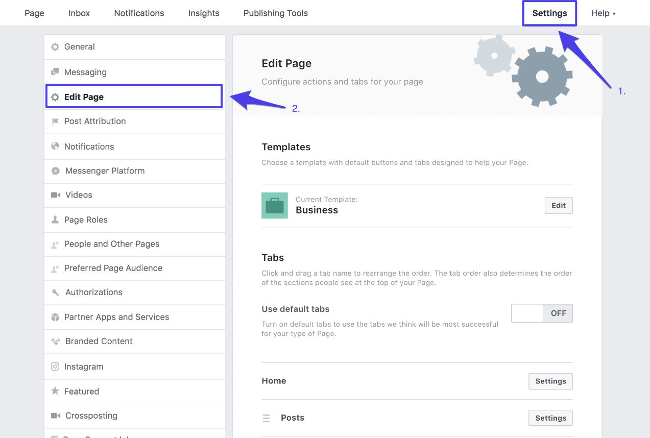 Schermata con le impostazioni di modifica di una pagina Facebook