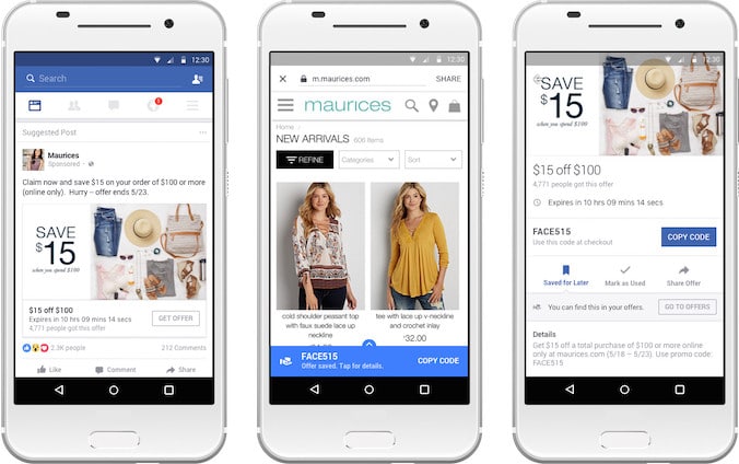 Tre esempi di annunci di offerta sulle pagine Facebook di alcuni brand di abbigliamento