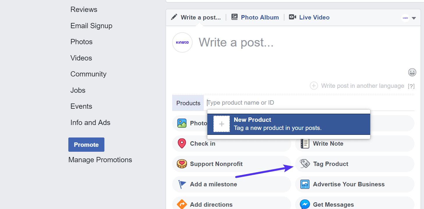 Schermata dall’editor di post Facebook in cui compare anche il pulsante per aggiungere un tag prodotto