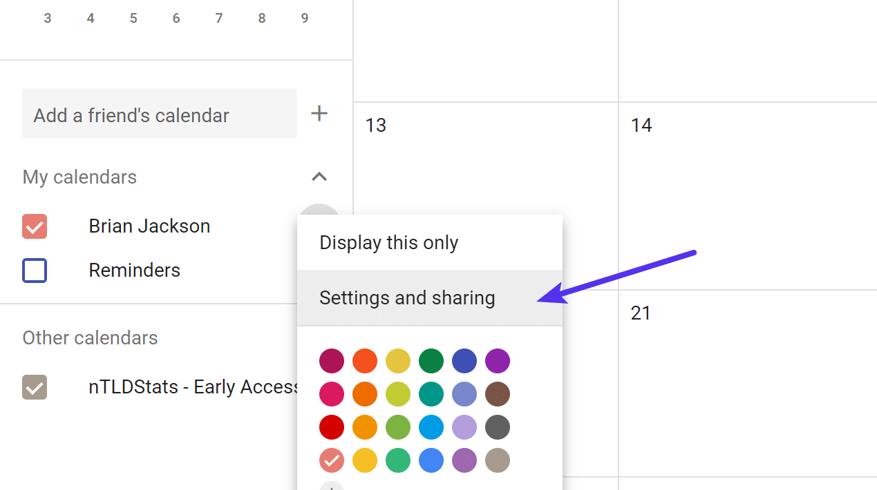 Google calendar settings and sharing