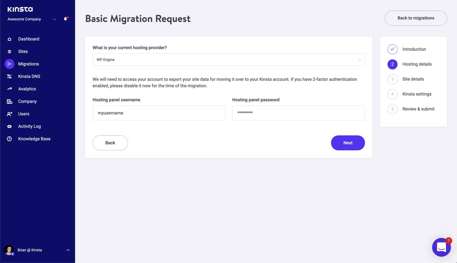 Lägg till dina hosting-detaljer för din begäran om standard-migrering.