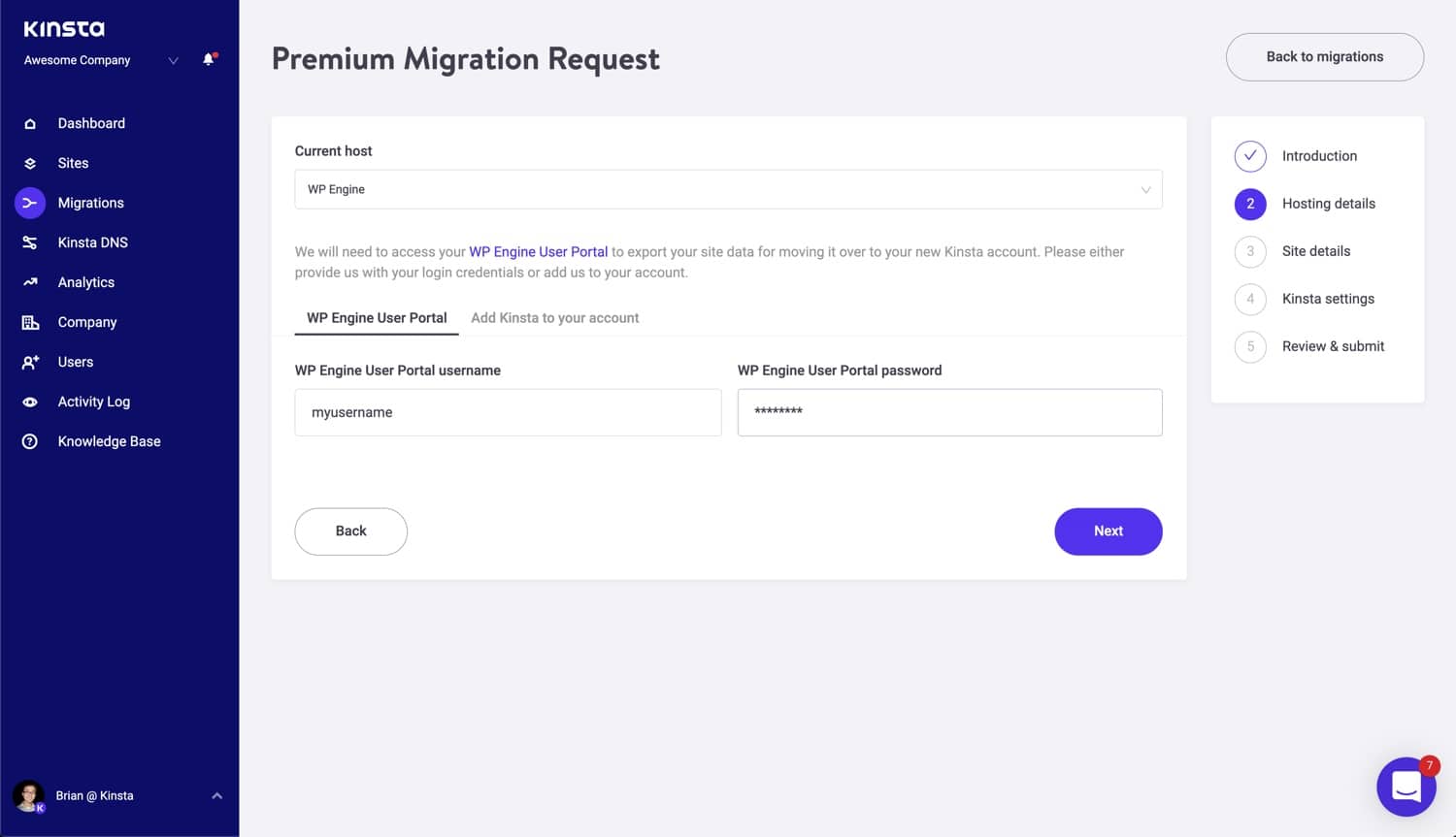 Add your current hosting details to your migration request.