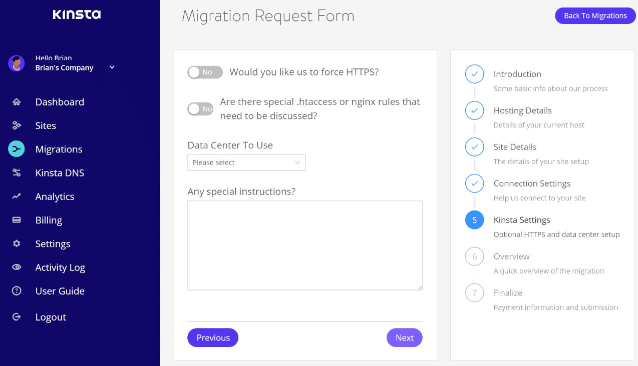 Kinsta settings