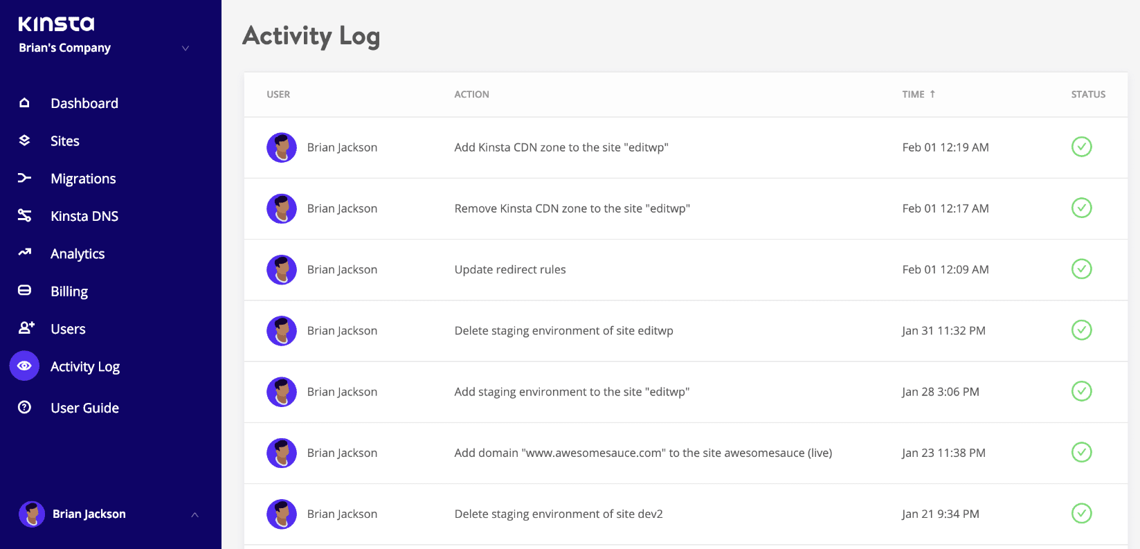 MyKinsta activity log