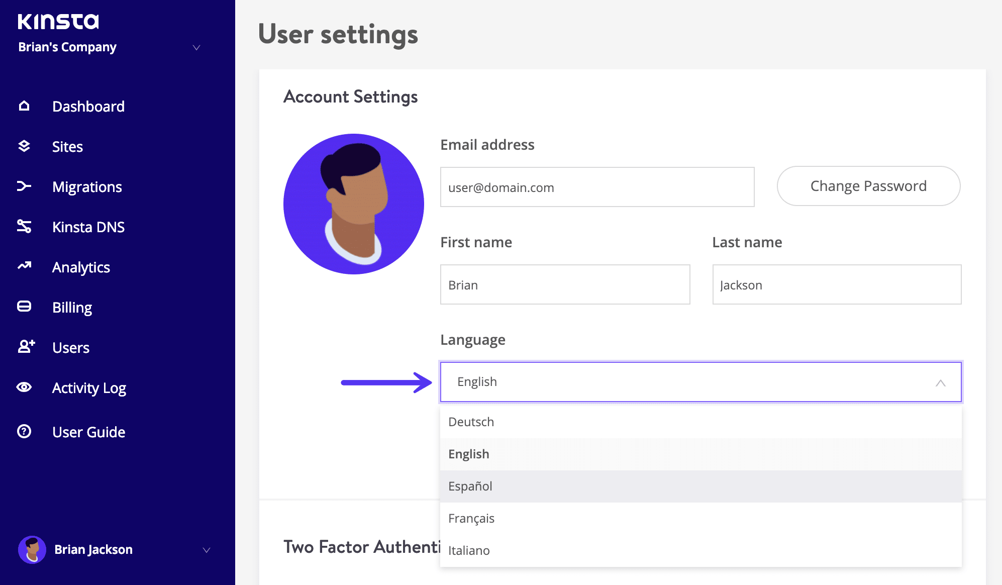 MyKinsta language