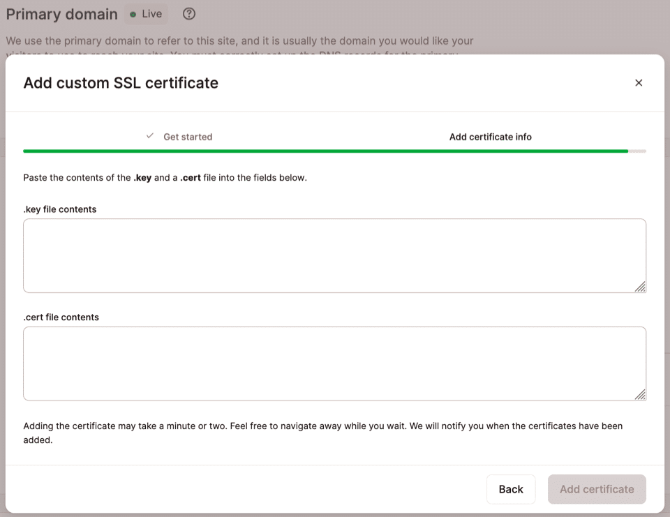 A screenshot of the dialog for adding a custom SSL certificate in MyKinsta.