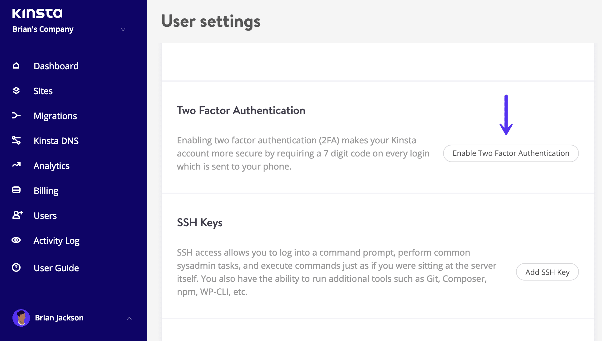 MyKinsta two-factor authentication
