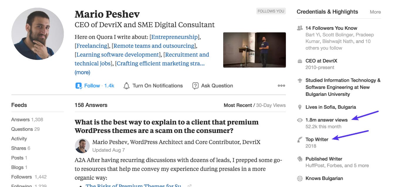 Quora "Top Writer" status
