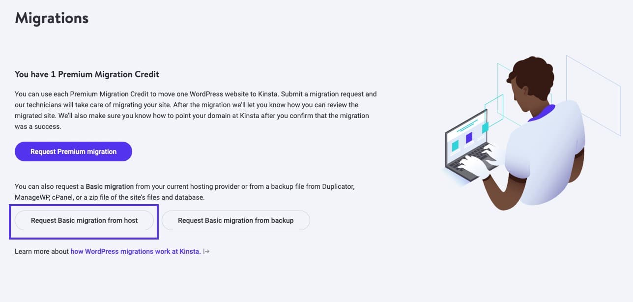 Option in. MyKinsta to request a migration from host