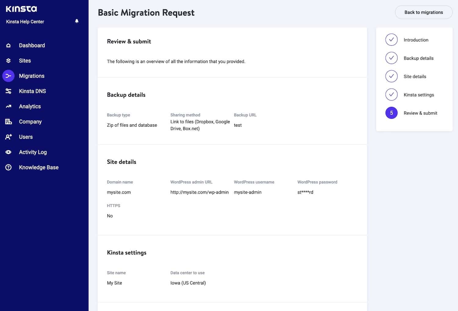 Resumen de los detalles de la solicitud de migración