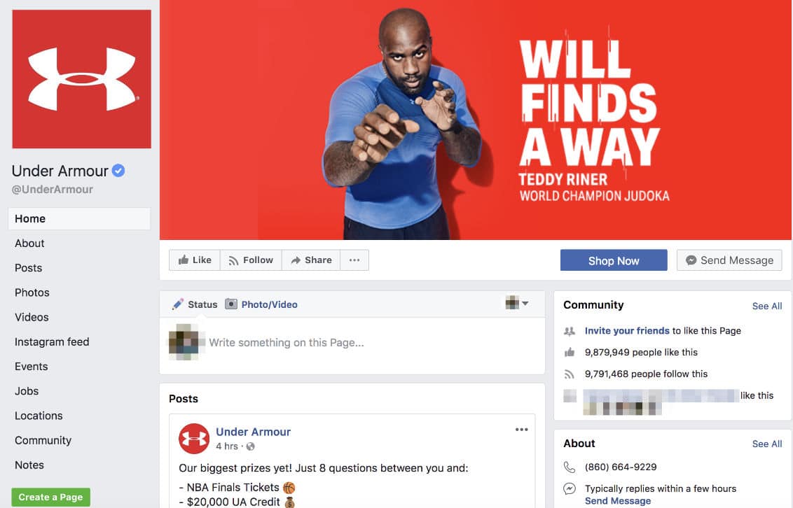 Schermata della parte superiore della pagina Facebook di Under Armour con il logo e un’immagine personalizzata: Teddy Riner, campione mondiale di judo, guarda l’obiettivo mentre improvvisa una mossa di judo e sullo sfondo rosso compare la scritta Will Finds a Way 