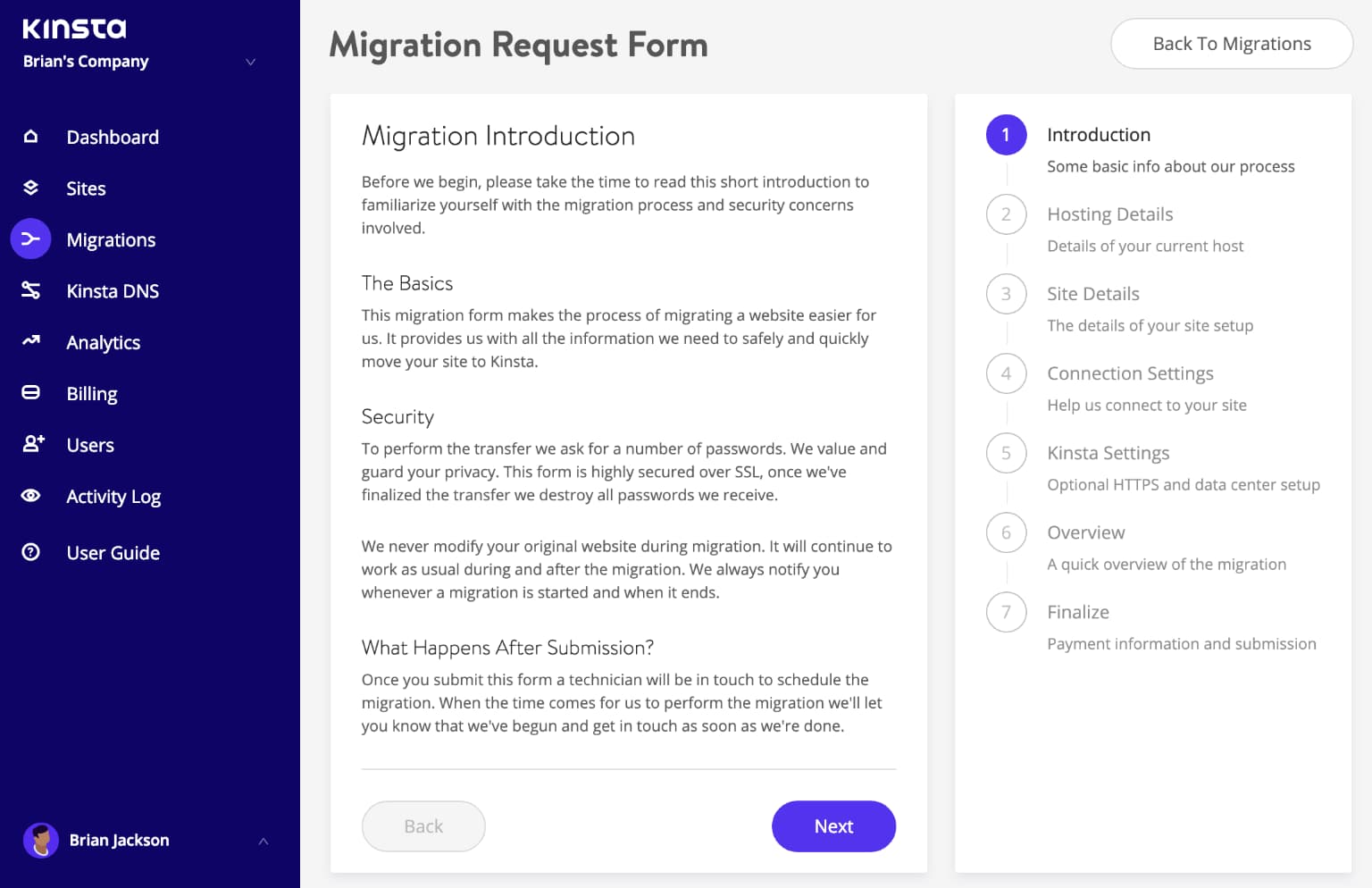 WordPress migration request form