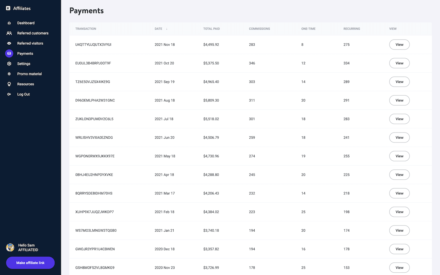 Pagamentos do sistema de afiliados Kinsta