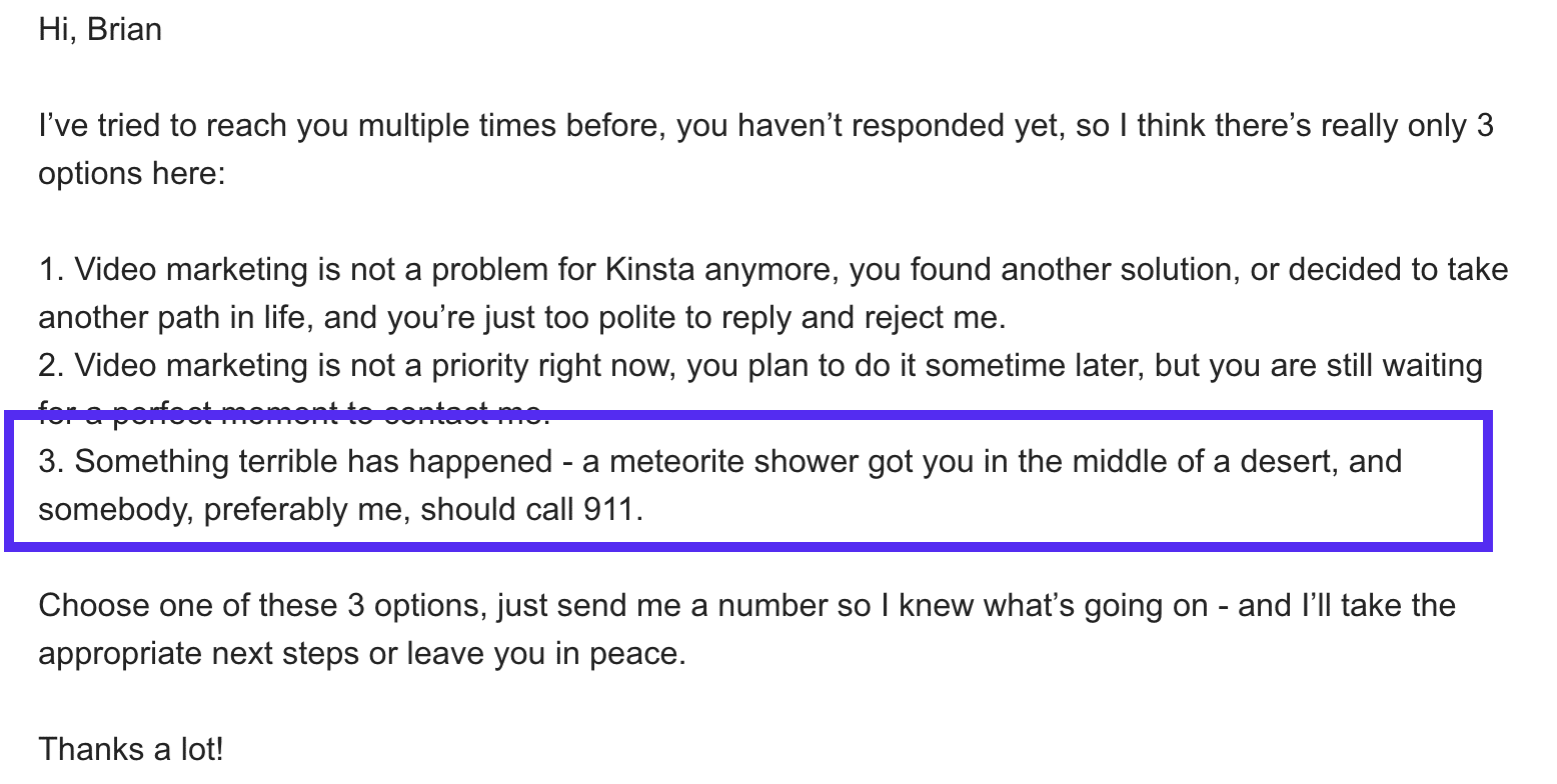 Great cold email followup example