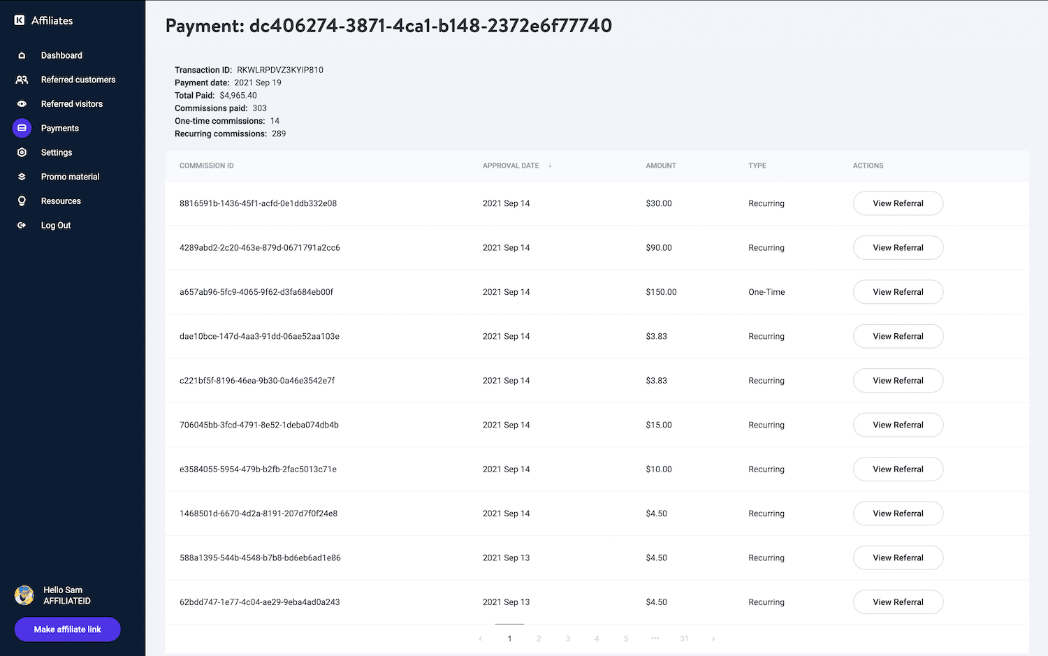 Detalhes de pagamento de afiliados Kinsta