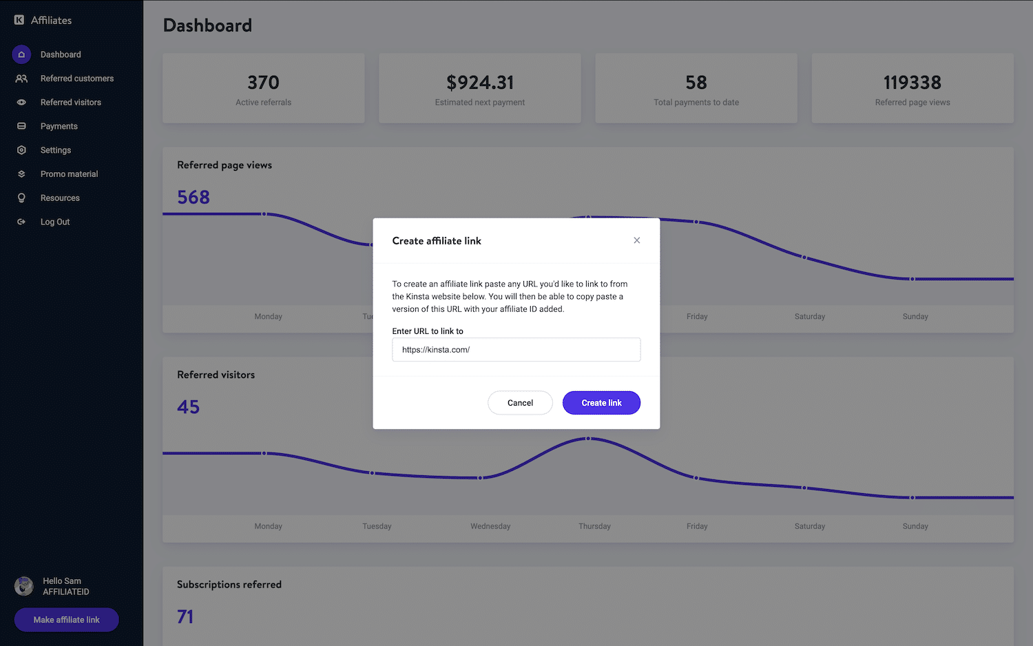 Creando un enlace de afiliado de Kinsta