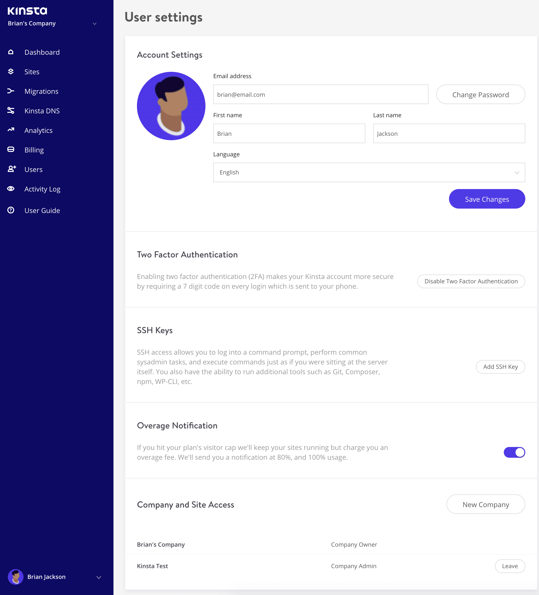 MyKinsta user settings