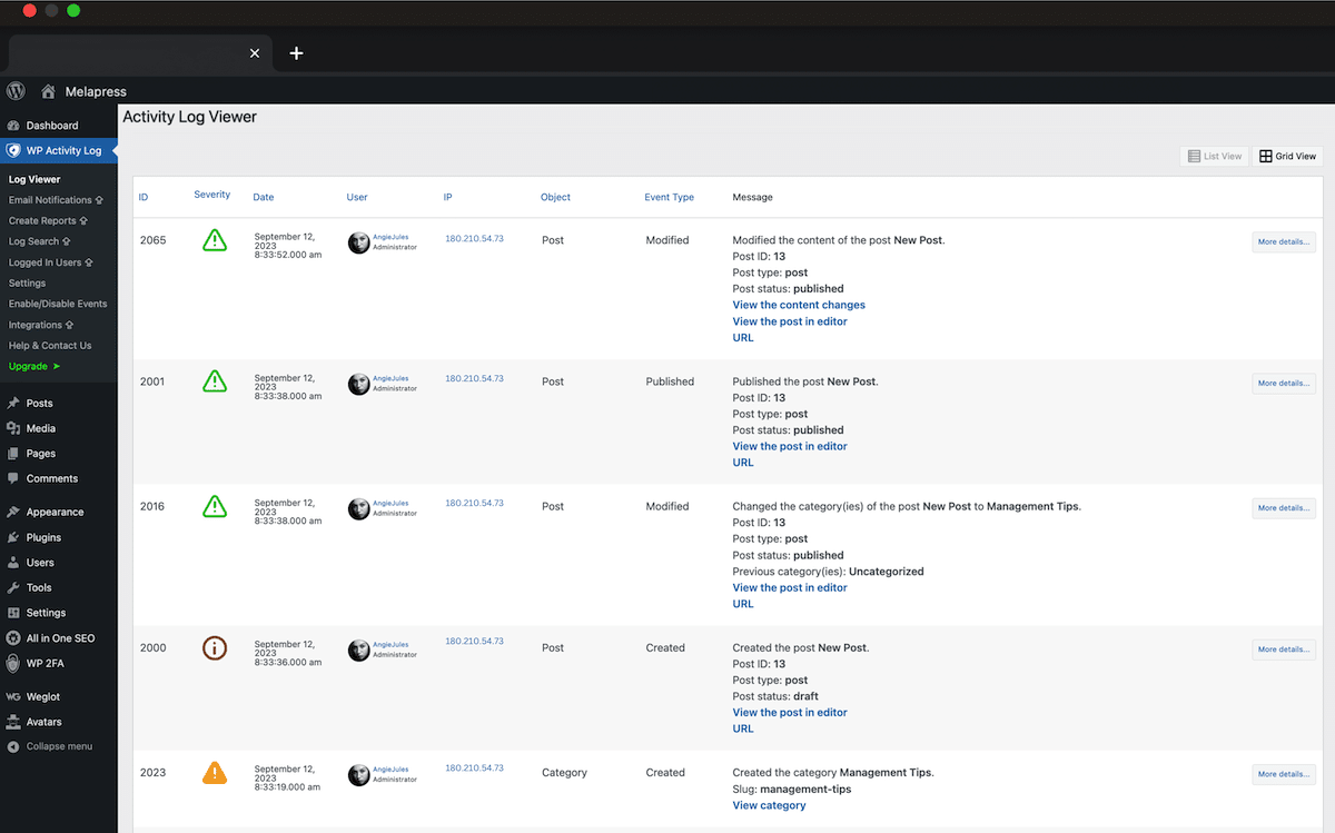 Content changes in WP Activity Log plugin