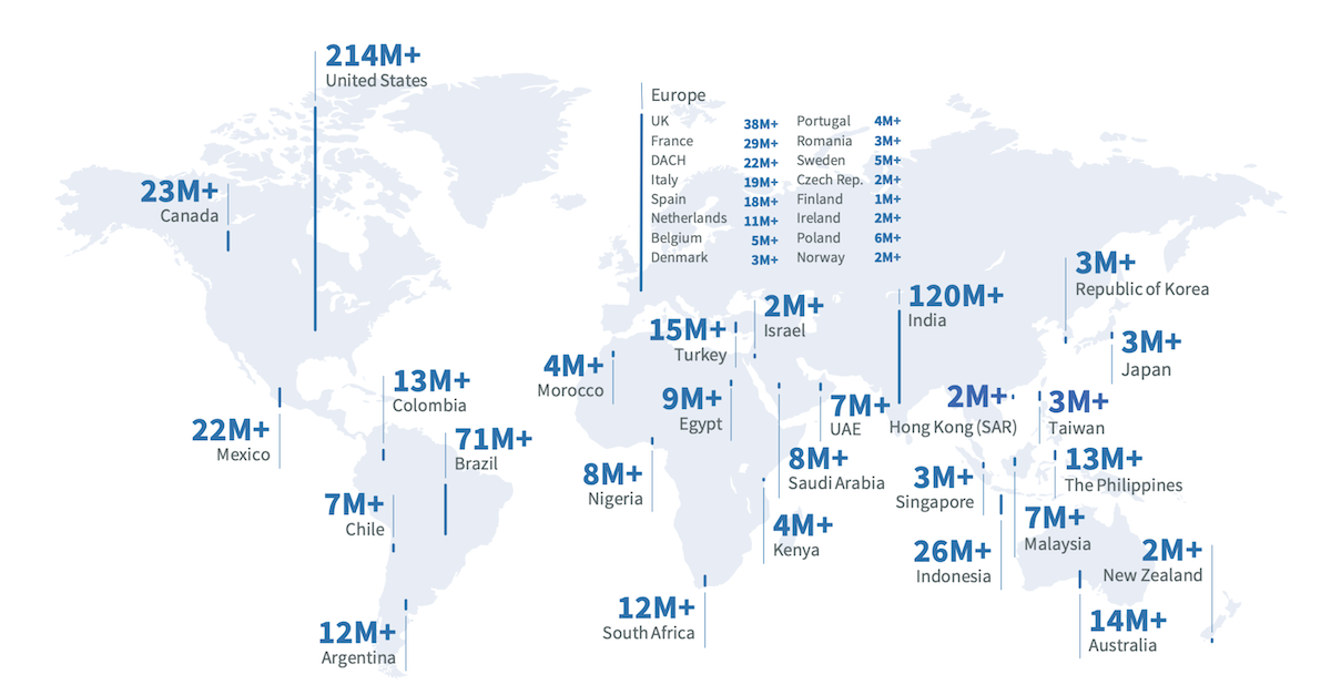 World map showing LinkedIn members by country