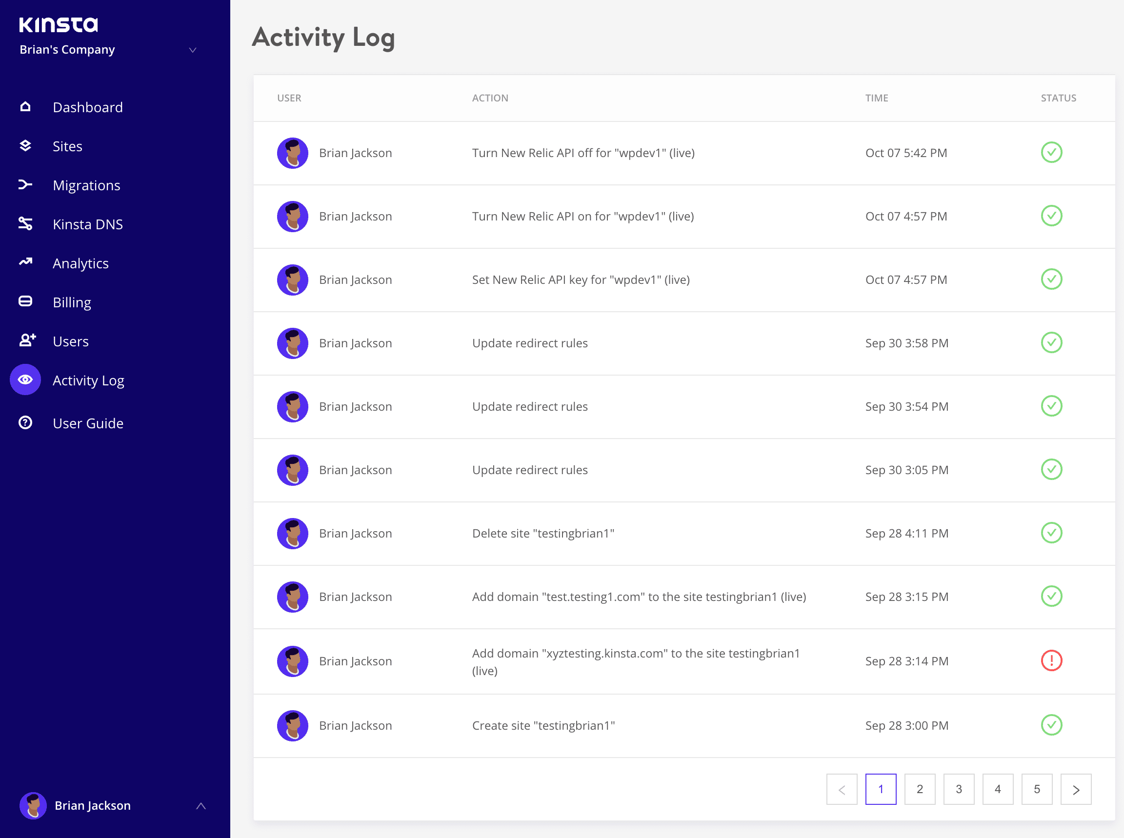 MyKinsta activity log
