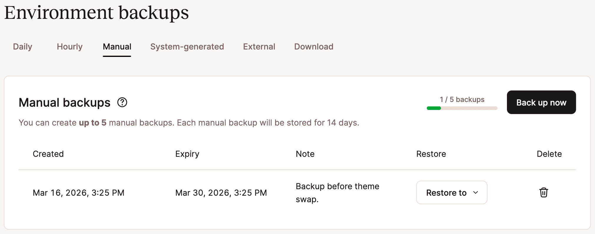 A screenshot showing a variety of backup options in MyKinsta, with the Manual option highlighted.