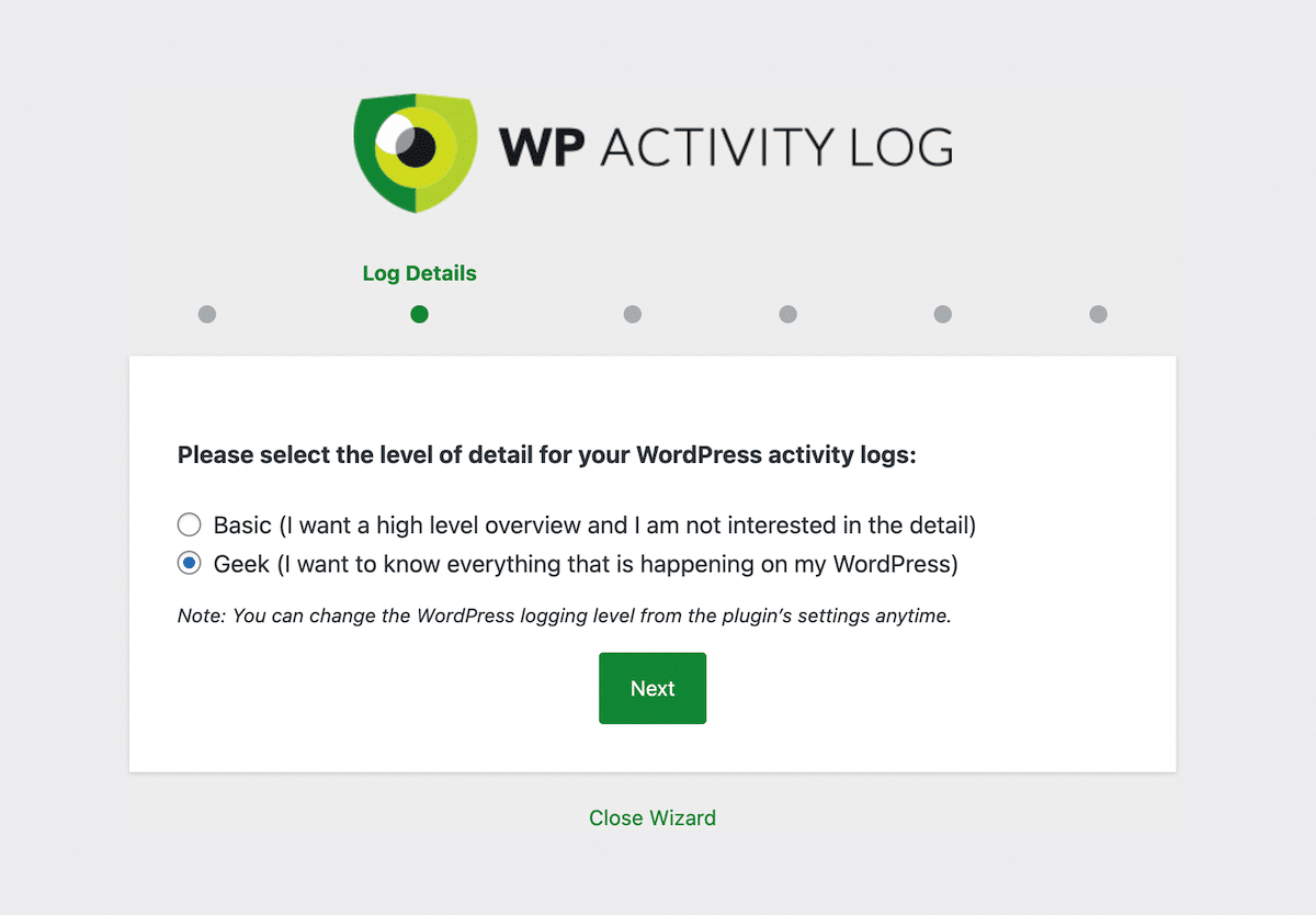 WP Activity Log geek WP Security Audit Log configurações geek