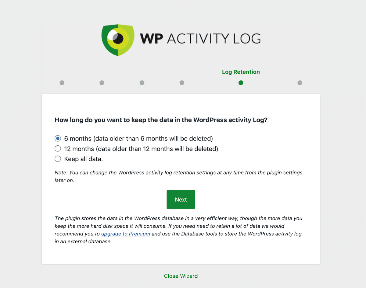 Retenção de dados do WP Activity Log